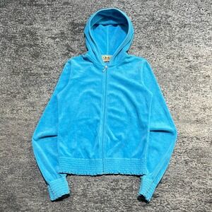 Vintage Juicy Couture Zip Track Jacket Womens Large Blue Terry Cloth Y2K Hooded